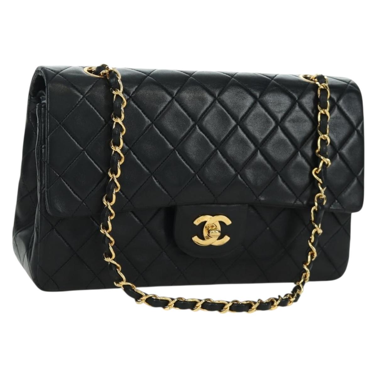 CHANEL Matelasse 25 Double Flap Chain Bag Lamb Skin Gold Black CC Auth ARZ719SAV