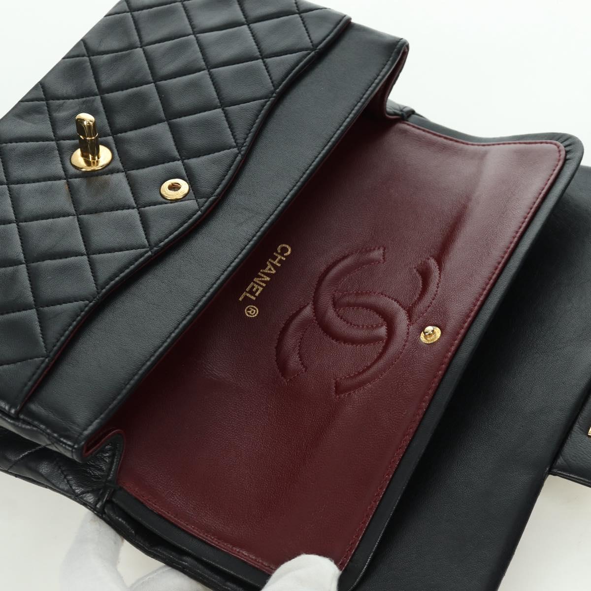 CHANEL Matelasse 25 Double Flap Chain Bag Lamb Skin Gold Black CC Auth ARZ719SAV