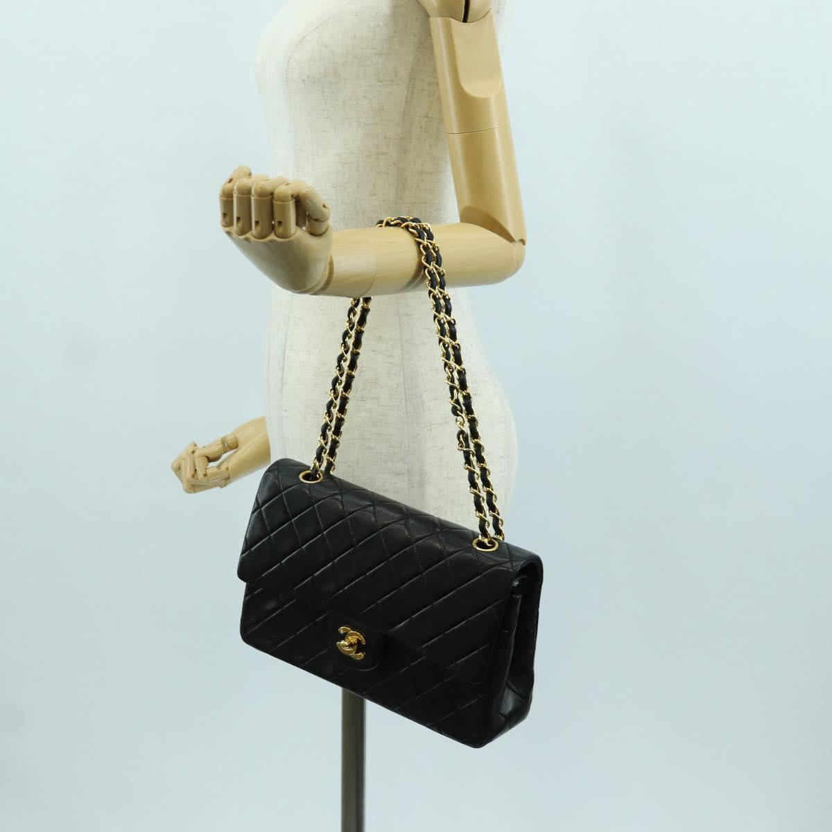 CHANEL Matelasse 25 Double Flap Chain Bag Lamb Skin Gold Black CC Auth ARZ719SAV