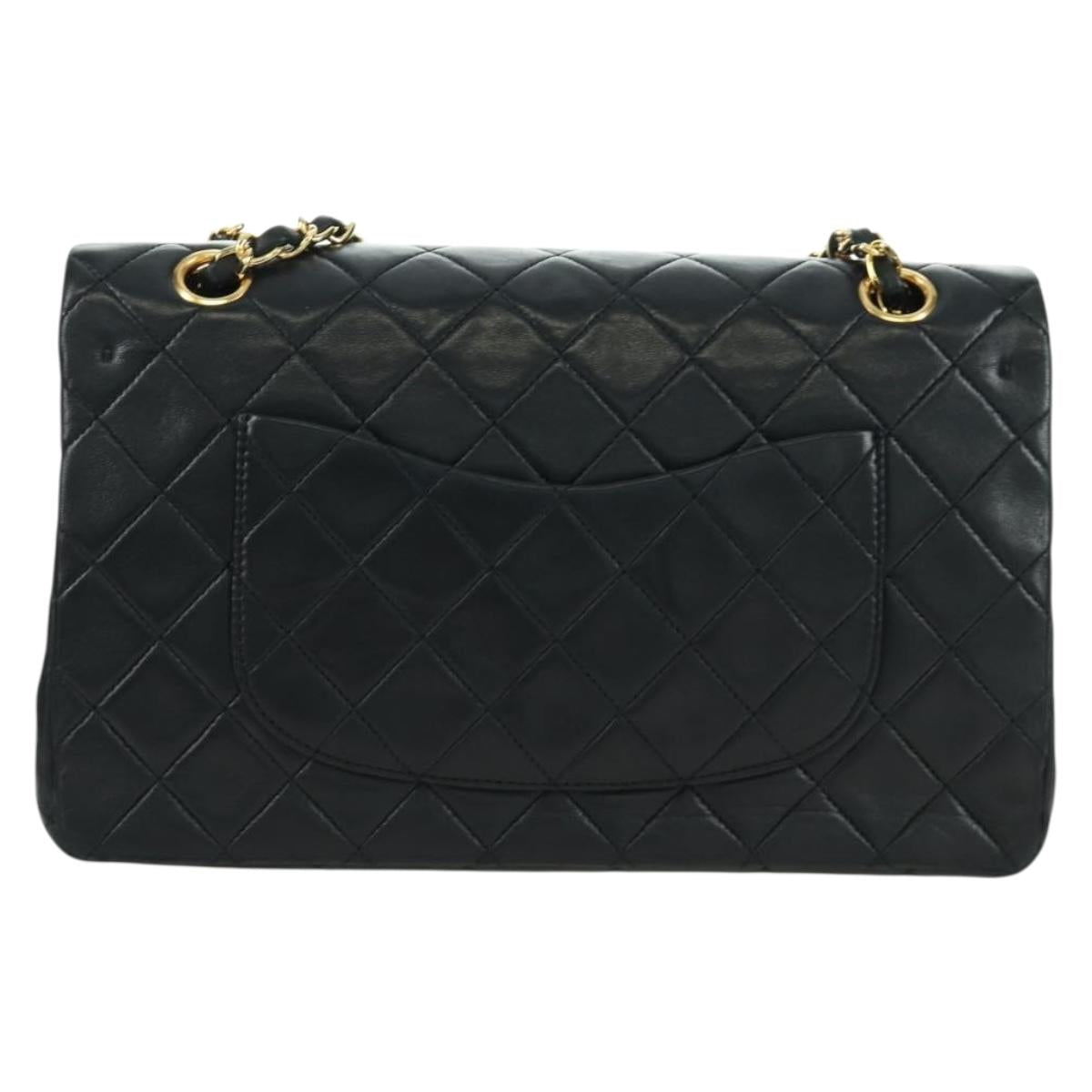 CHANEL Matelasse 25 Double Flap Chain Bag Lamb Skin Gold Black CC Auth ARZ719SAV
