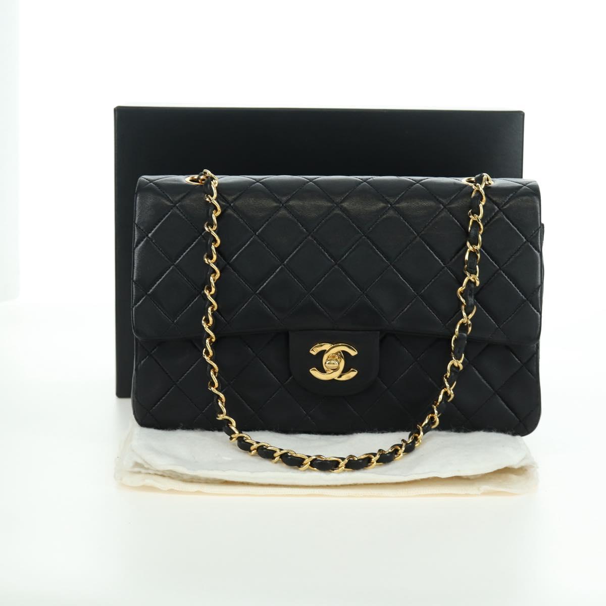 CHANEL Matelasse 25 Double Flap Chain Bag Lamb Skin Gold Black CC Auth ARZ719SAV