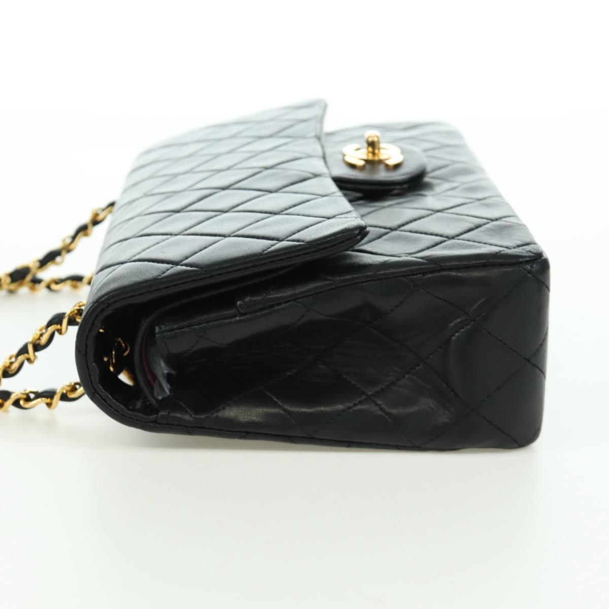CHANEL Matelasse 25 Double Flap Chain Bag Lamb Skin Gold Black CC Auth ARZ719SAV