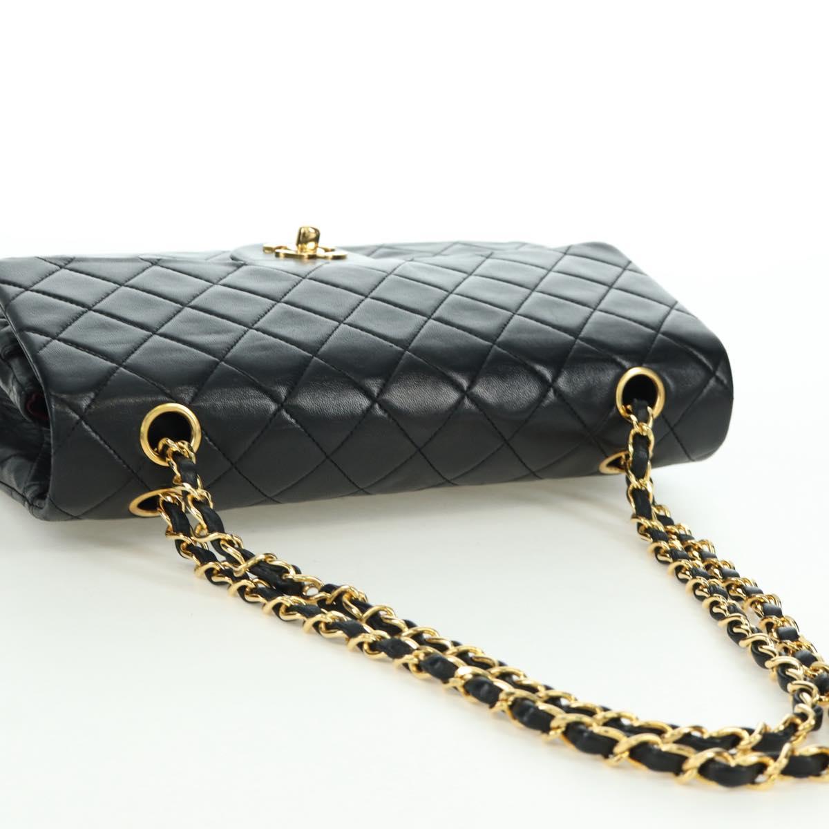 CHANEL Matelasse 25 Double Flap Chain Bag Lamb Skin Gold Black CC Auth ARZ719SAV