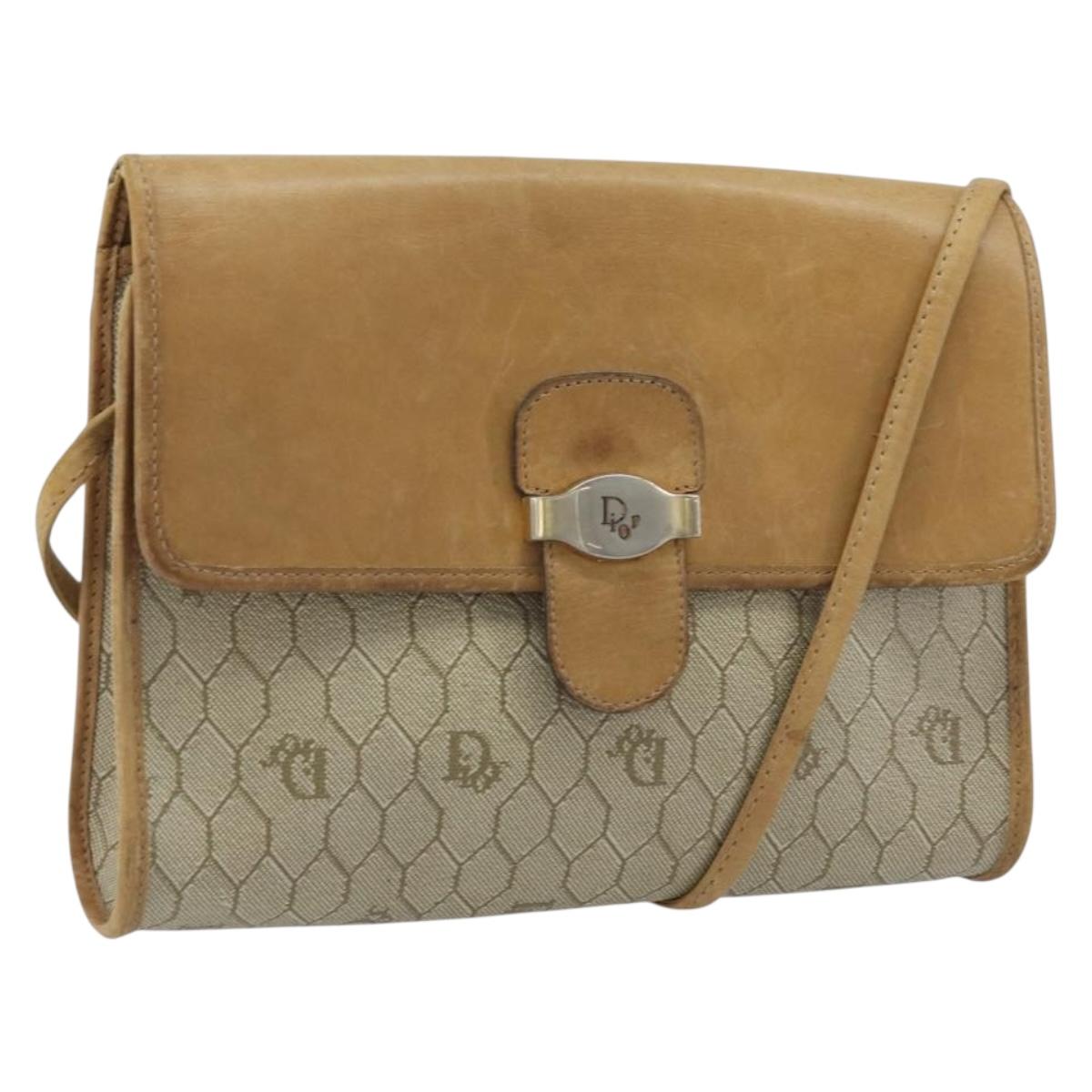 Christian Dior Honeycomb Canvas Shoulder Bag PVC Beige Gold Auth ARZ767