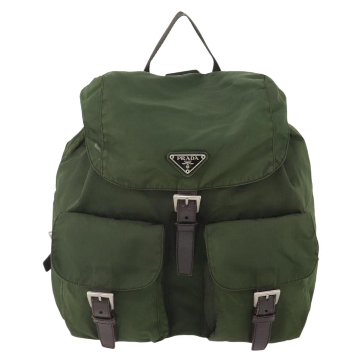 PRADA Backpack Nylon Khaki Silver Auth ARZ774