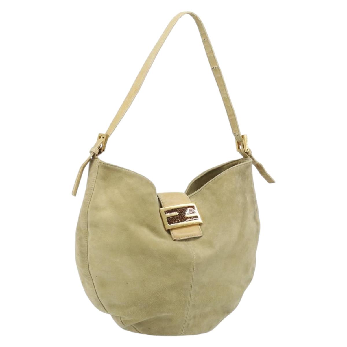 FENDI Mamma Baguette Shoulder Bag Suede Beige Gold Auth ARZ775