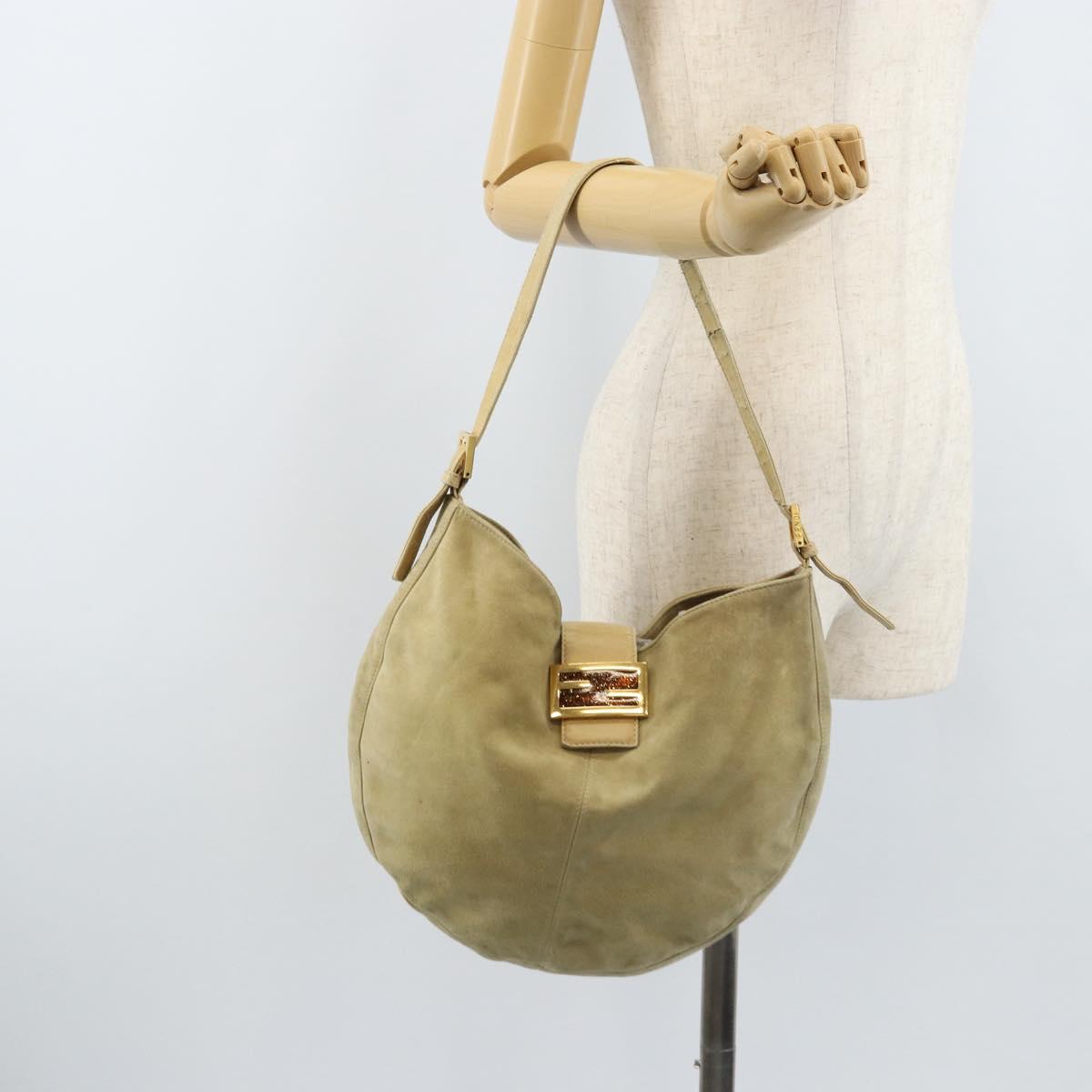FENDI Mamma Baguette Shoulder Bag Suede Beige Gold Auth ARZ775