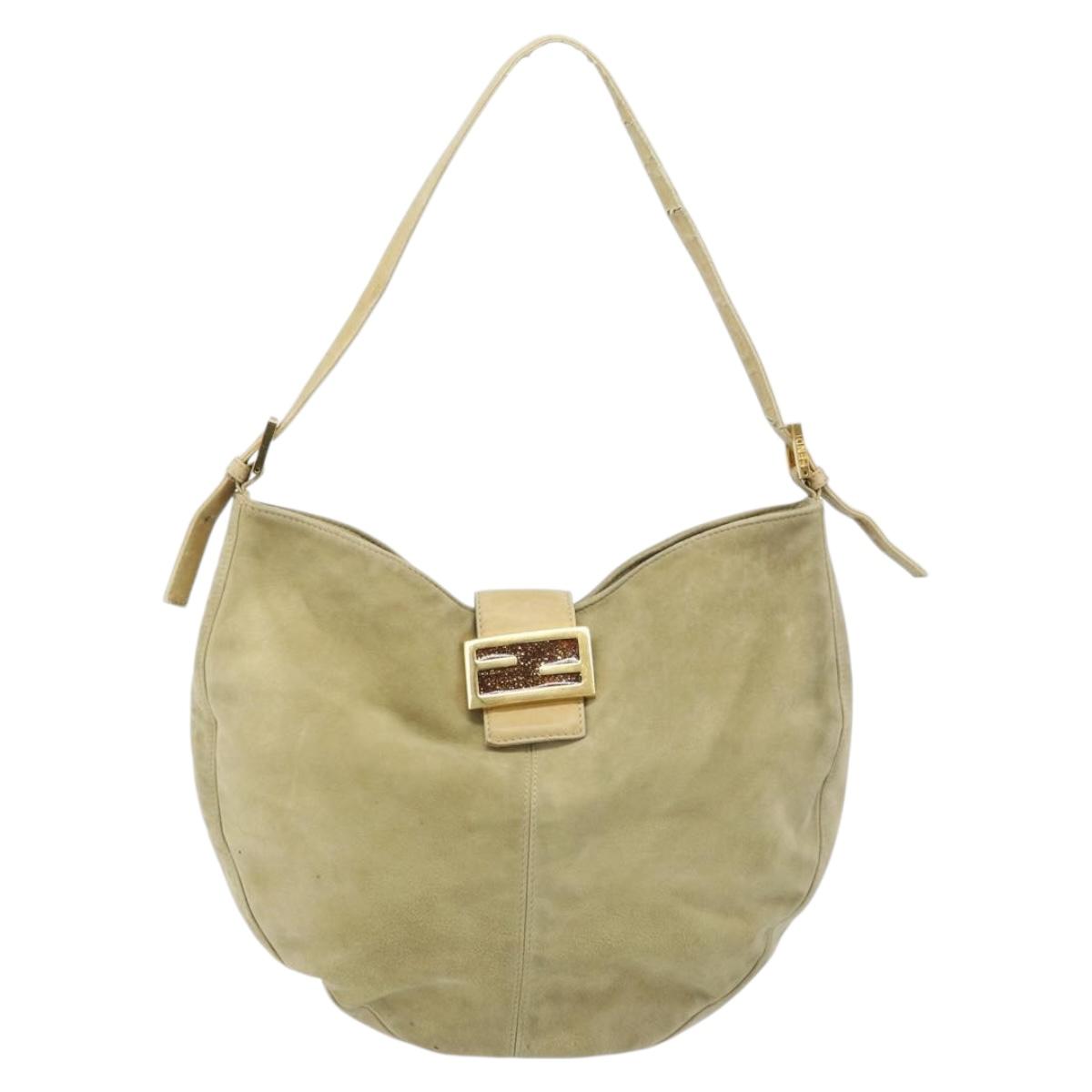 FENDI Mamma Baguette Shoulder Bag Suede Beige Gold Auth ARZ775
