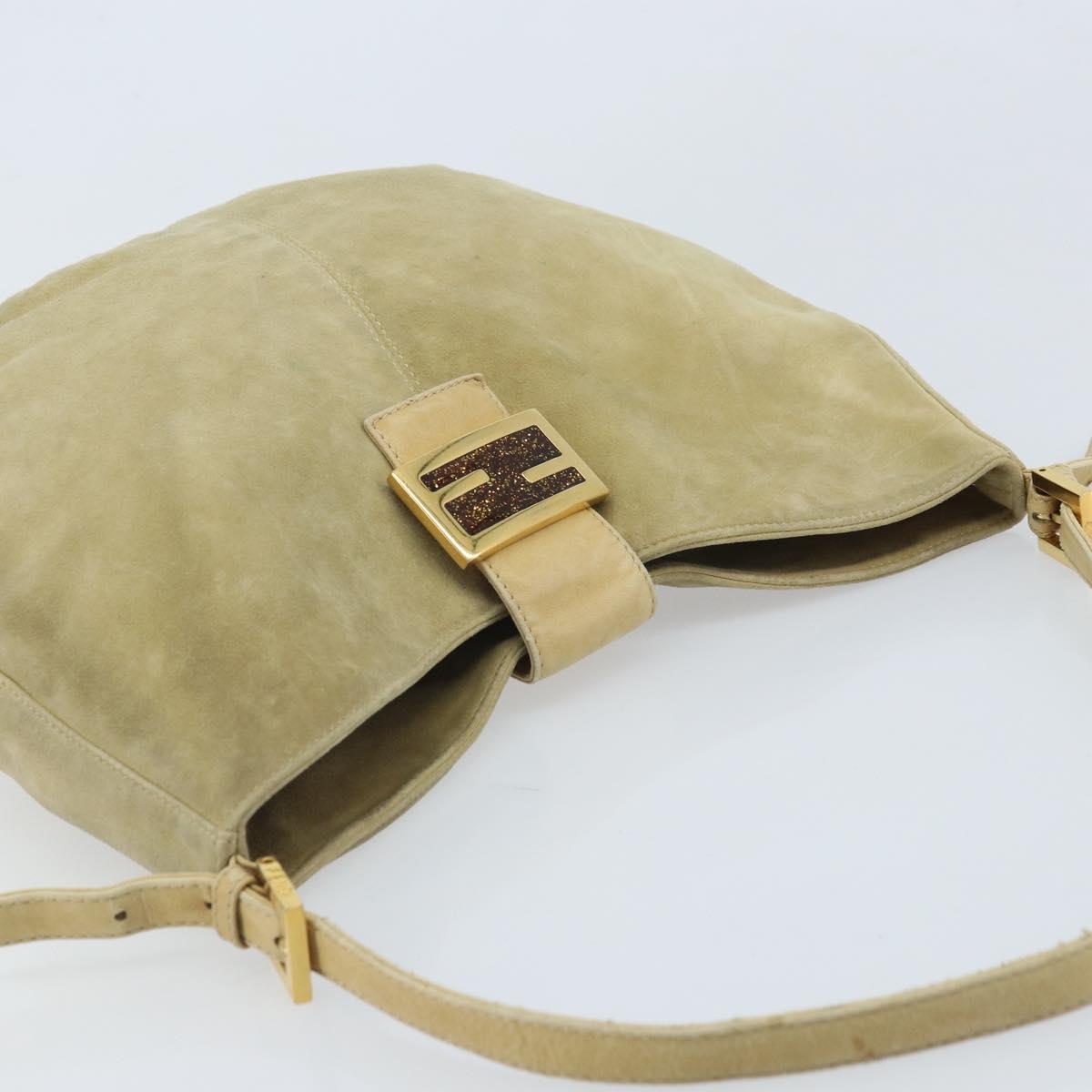 FENDI Mamma Baguette Shoulder Bag Suede Beige Gold Auth ARZ775