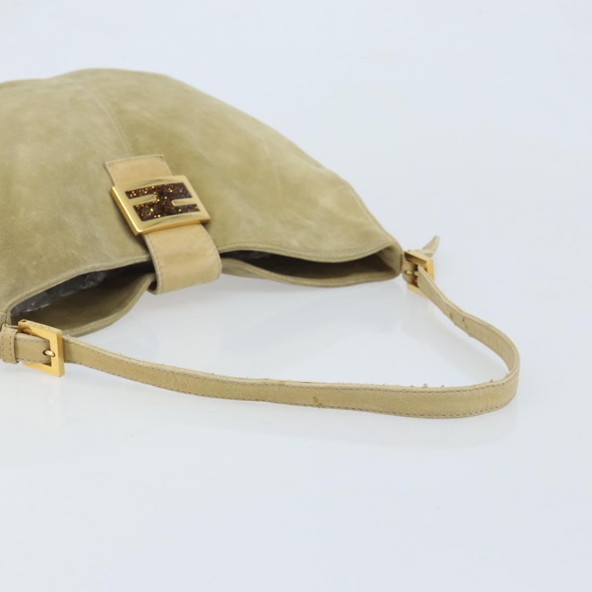 FENDI Mamma Baguette Shoulder Bag Suede Beige Gold Auth ARZ775