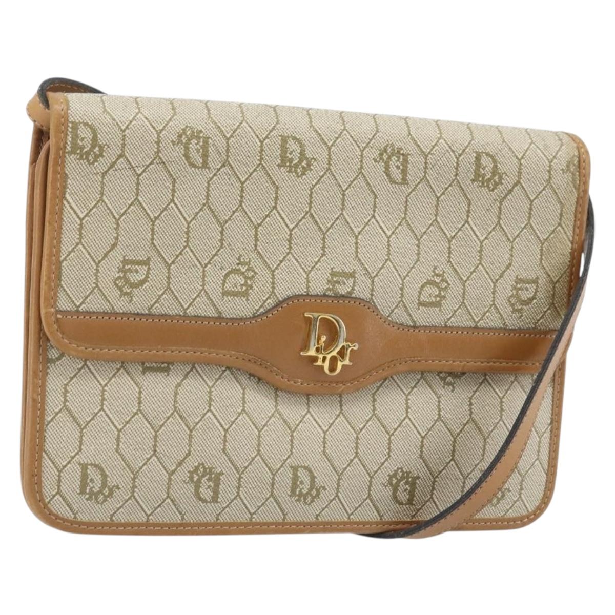 Christian Dior Honeycomb Canvas Shoulder Bag PVC Beige Gold Auth ARZ784