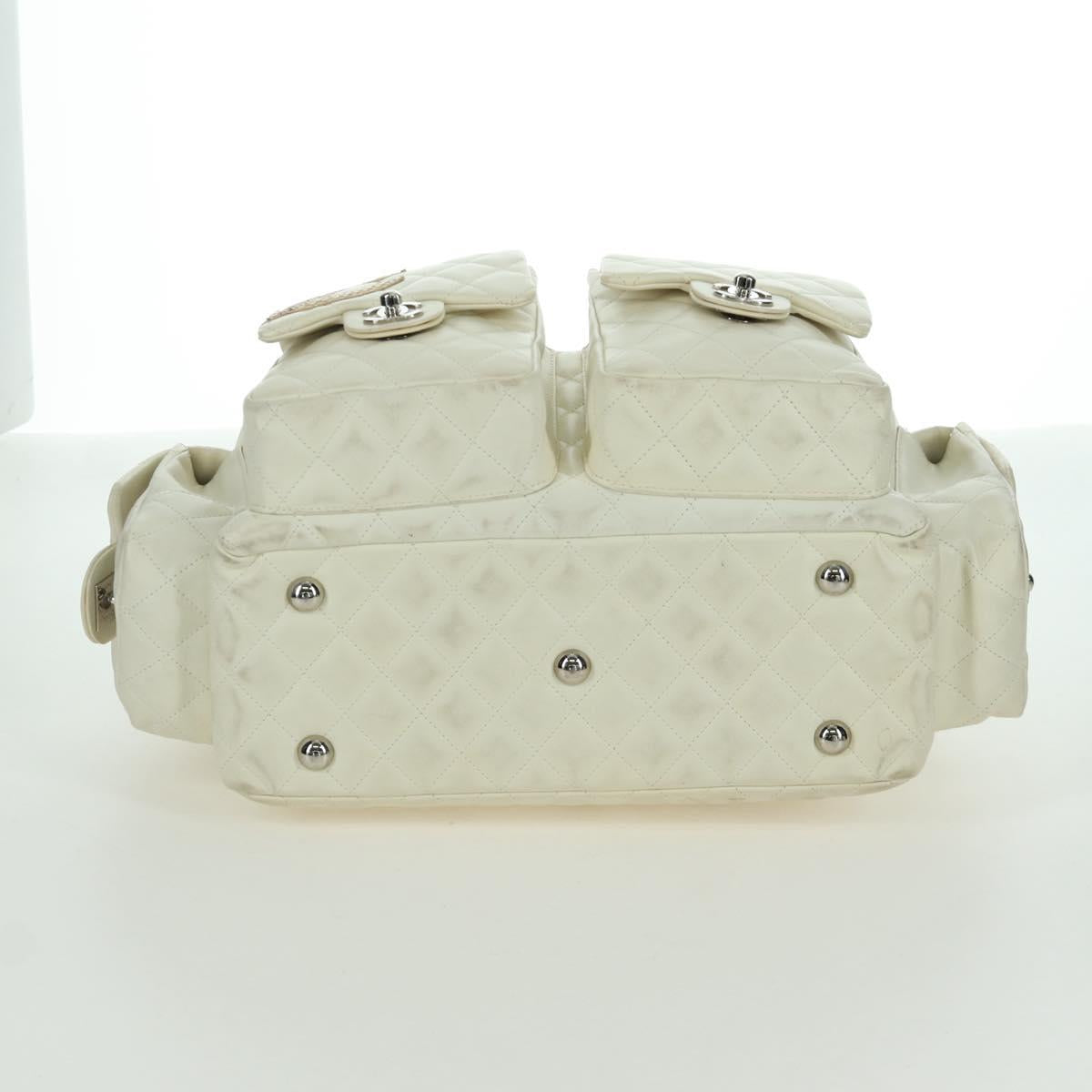 CHANEL Cambon Line Matelasse Hand Bag Leather White Silver CC Auth ARZ785SAM
