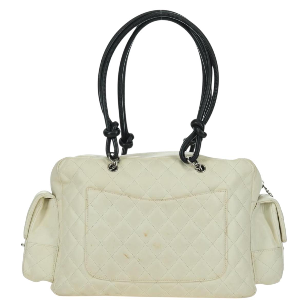 CHANEL Cambon Line Matelasse Hand Bag Leather White Silver CC Auth ARZ785SAM