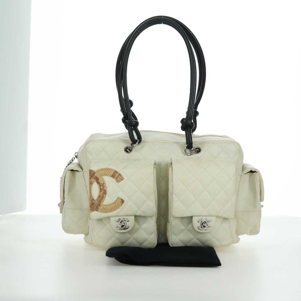 CHANEL Cambon Line Matelasse Hand Bag Leather White Silver CC Auth ARZ785SAM