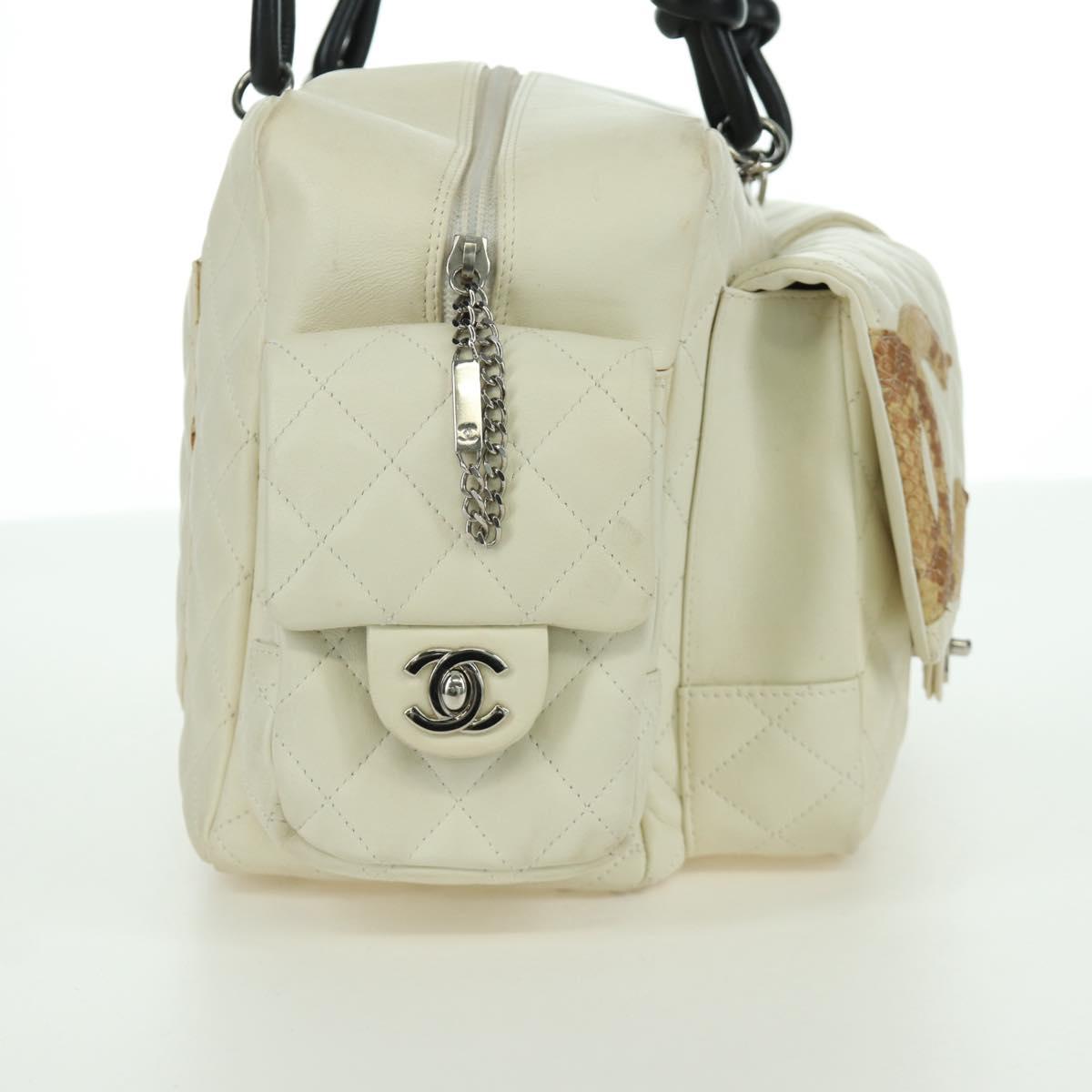 CHANEL Cambon Line Matelasse Hand Bag Leather White Silver CC Auth ARZ785SAM
