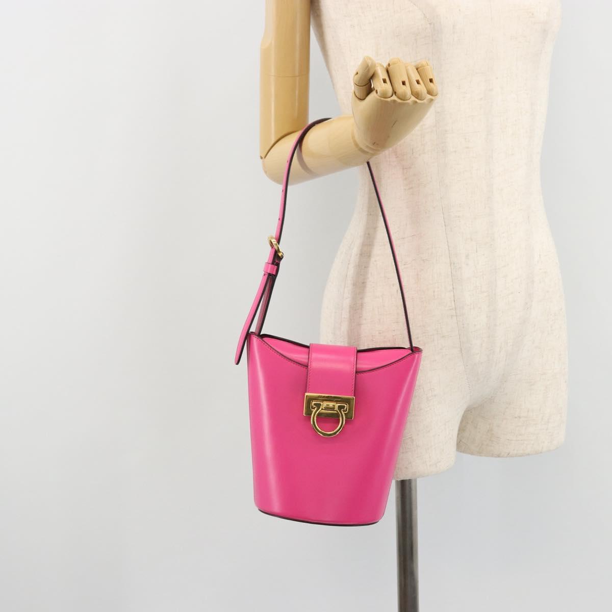 Salvatore Ferragamo Gancini Shoulder Bag Leather Pink Gold Auth ARZ836A
