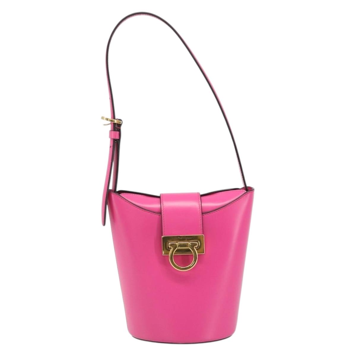 Salvatore Ferragamo Gancini Shoulder Bag Leather Pink Gold Auth ARZ836A