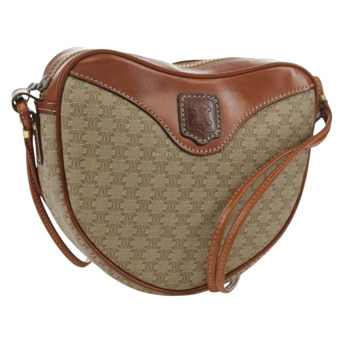 CELINE Macadam Canvas Shoulder Bag PVC Leather Beige Gold Auth ARZ842A