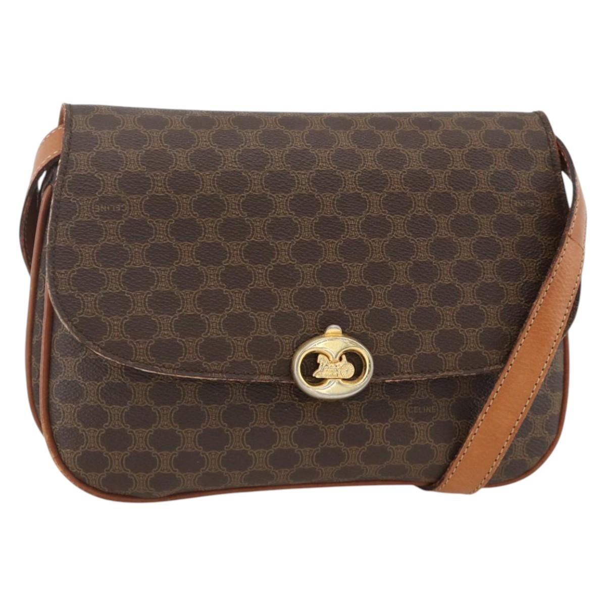 CELINE Macadam Canvas Shoulder Bag PVC Leather Brown Gold Auth ARZ848