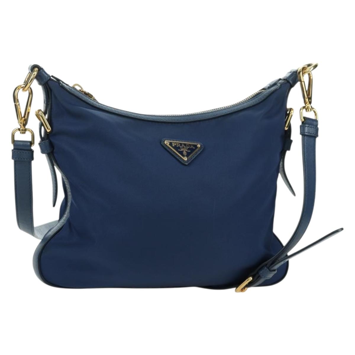 PRADA Shoulder Bag Nylon Leather Blue Gold Auth ARZ849A