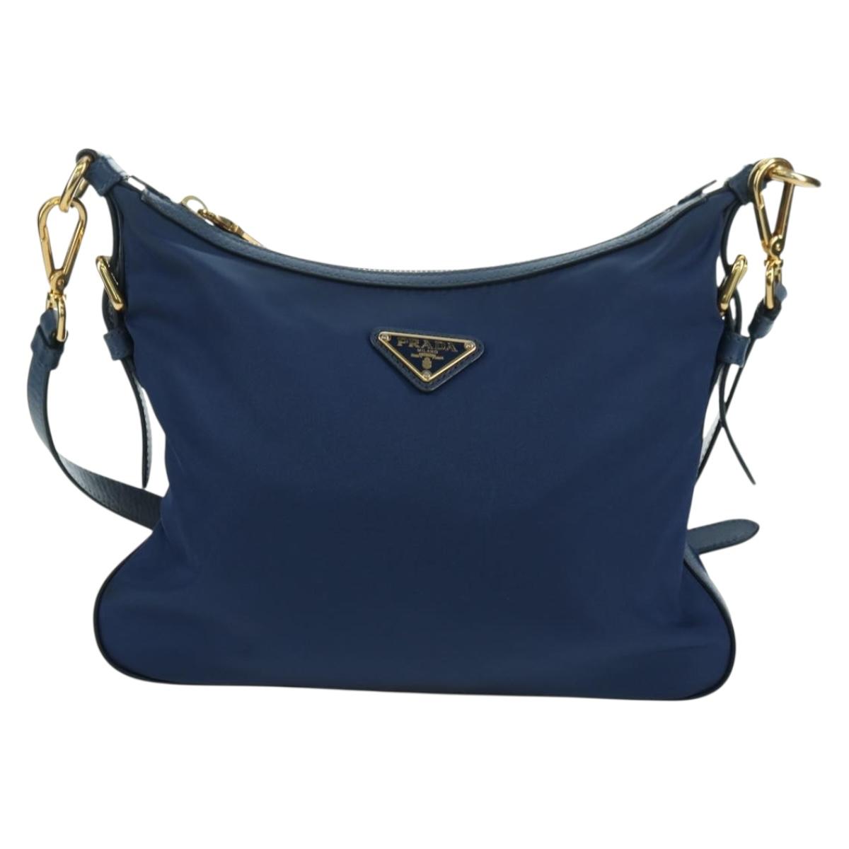 PRADA Shoulder Bag Nylon Leather Blue Gold Auth ARZ849A