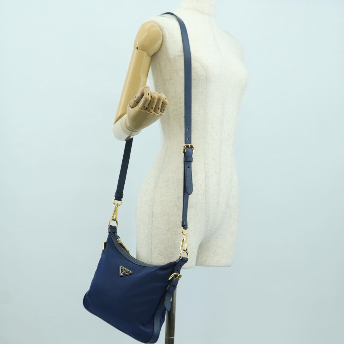 PRADA Shoulder Bag Nylon Leather Blue Gold Auth ARZ849A