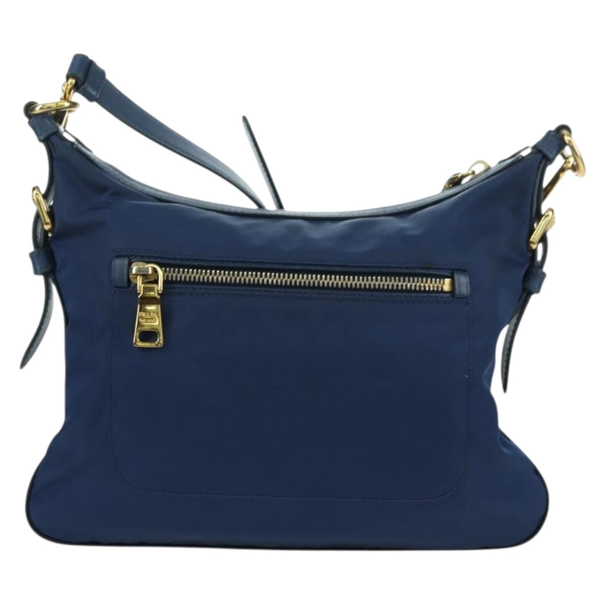 PRADA Shoulder Bag Nylon Leather Blue Gold Auth ARZ849A