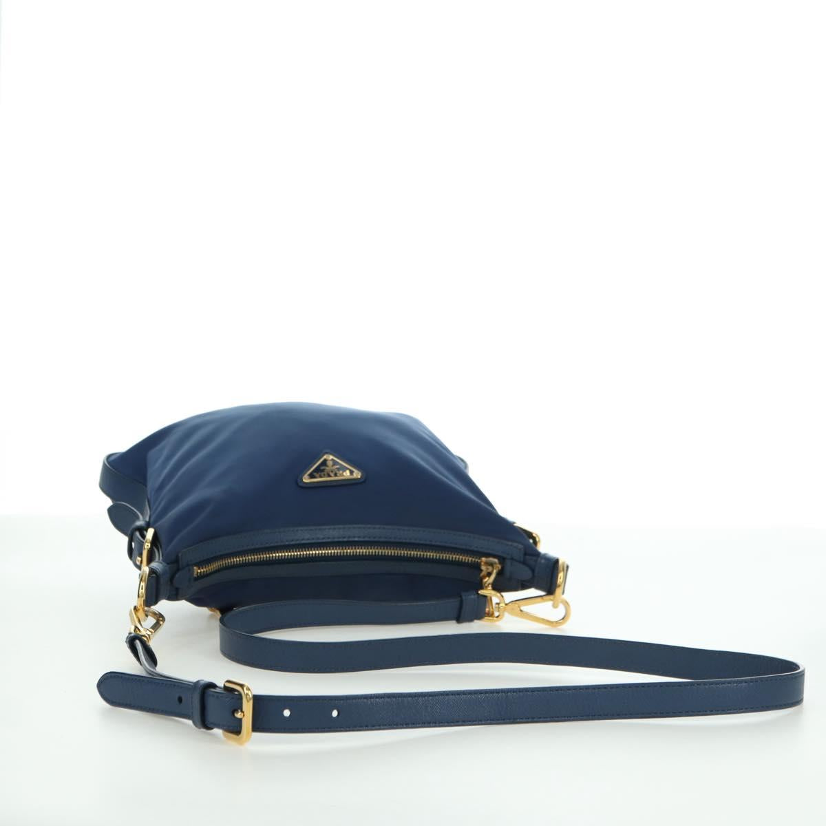 PRADA Shoulder Bag Nylon Leather Blue Gold Auth ARZ849A