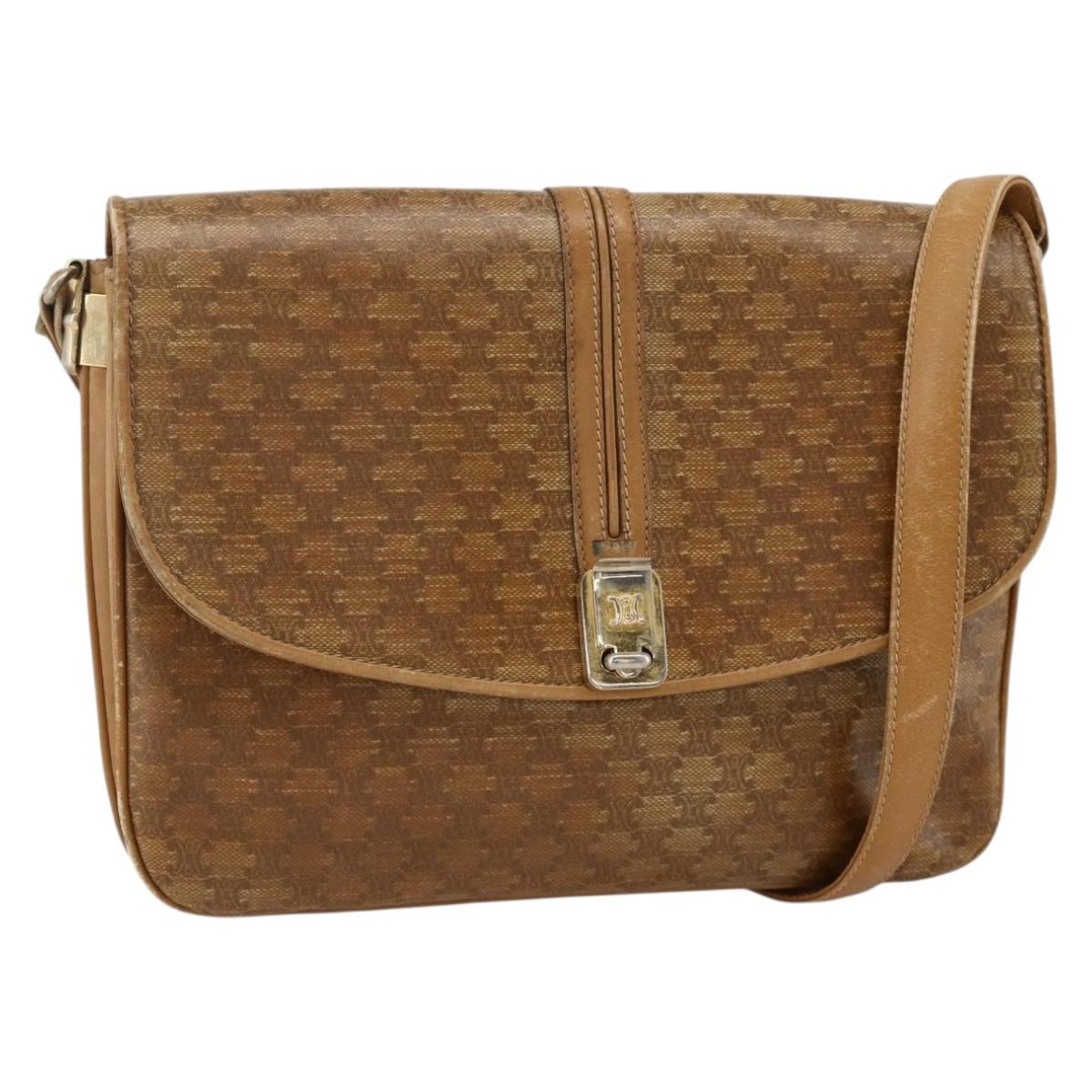 CELINE Macadam Canvas Shoulder Bag PVC Leather Beige Gold Auth ARZ884