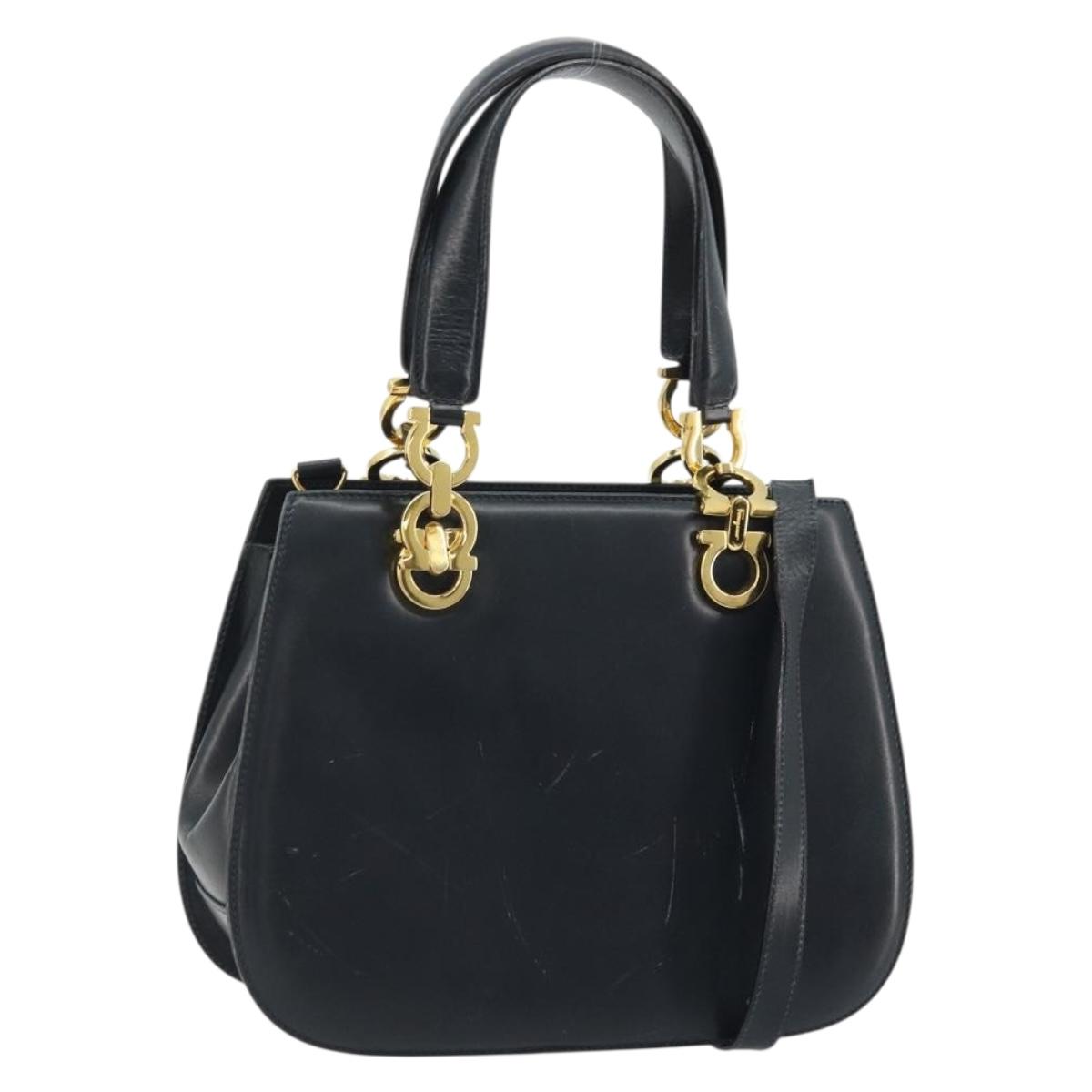 Salvatore Ferragamo Gancini Hand Bag Leather 2way Navy Gold Auth ARZ896