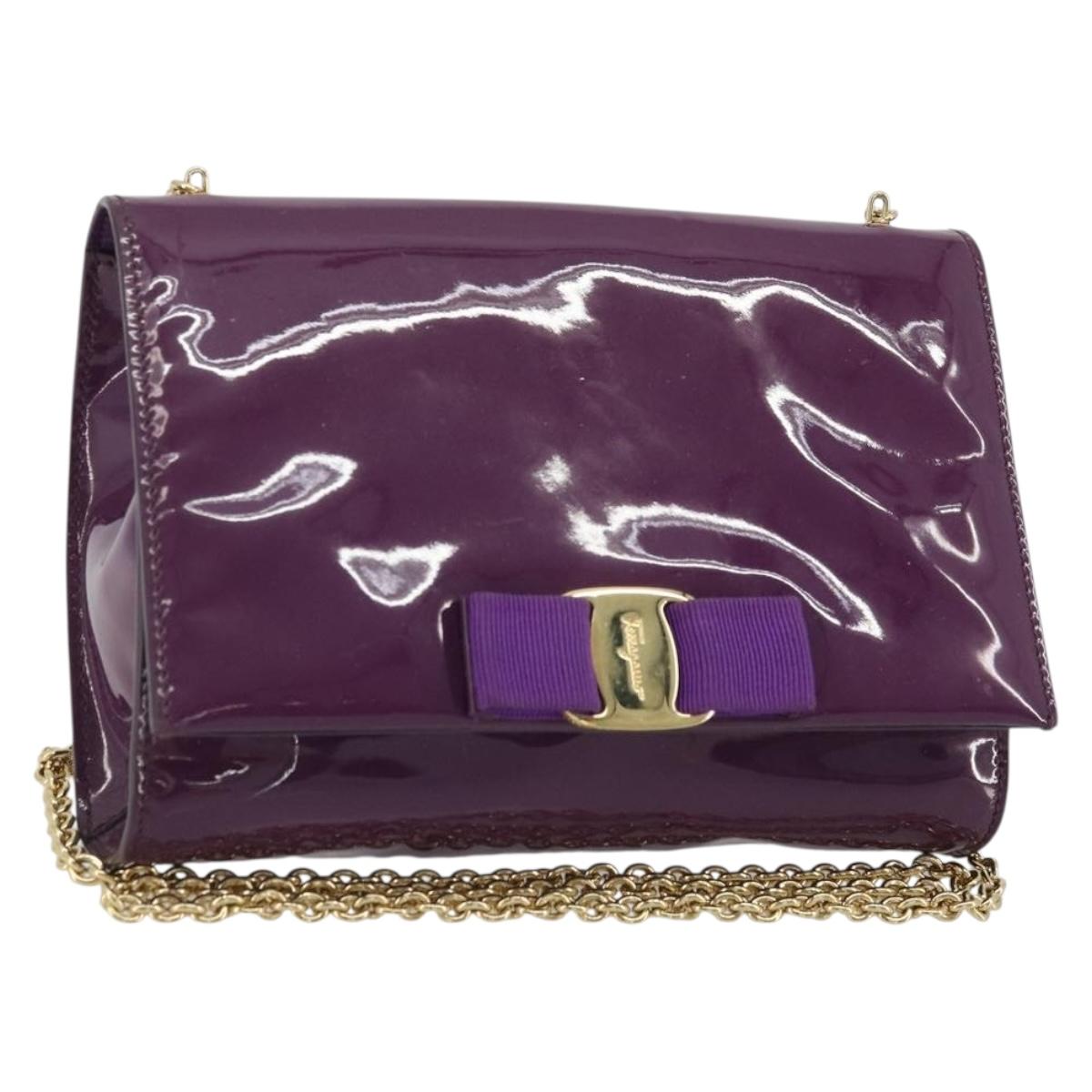 Salvatore Ferragamo Vala Chain Bag Patent leather Purple Gold Auth ARZ899