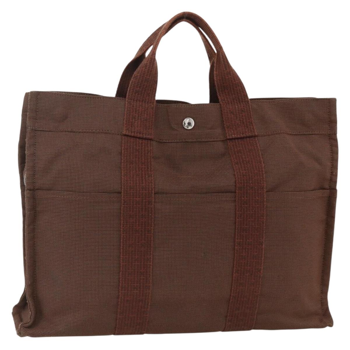 HERMES Her Line MM Hand Bag Canvas Brown Silver Auth ARZ910