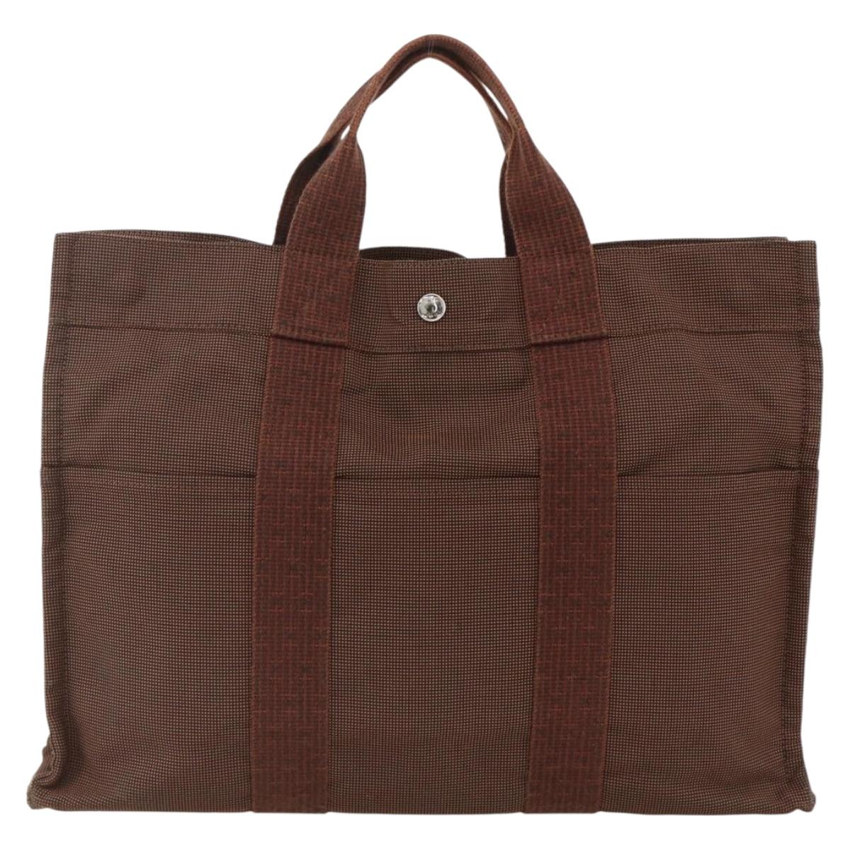 HERMES Her Line MM Hand Bag Canvas Brown Silver Auth ARZ910