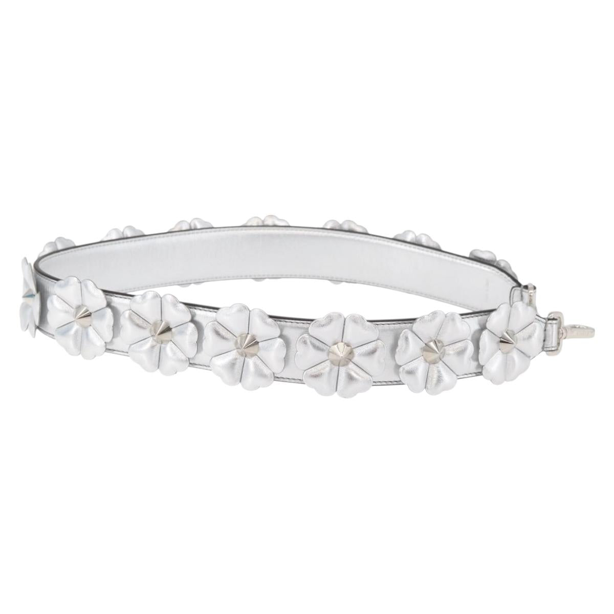 FENDI Shoulder Strap Leather 31.5"" Silver Auth ARZ919A