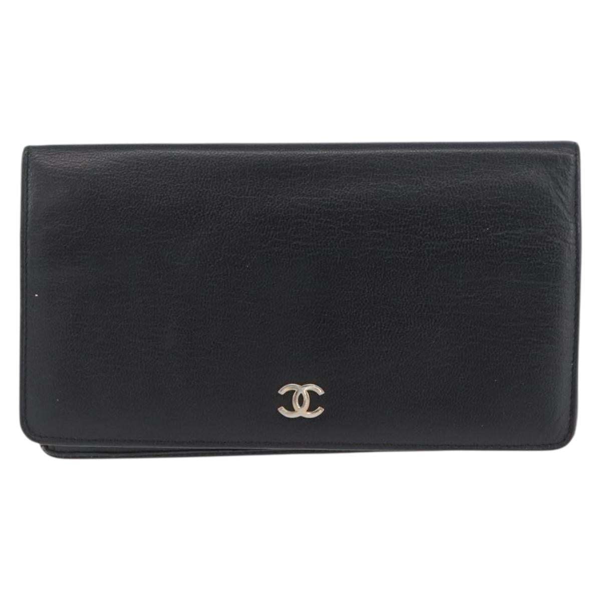 CHANEL COCO Mark Long Wallet Leather Black CC Auth ARZ921
