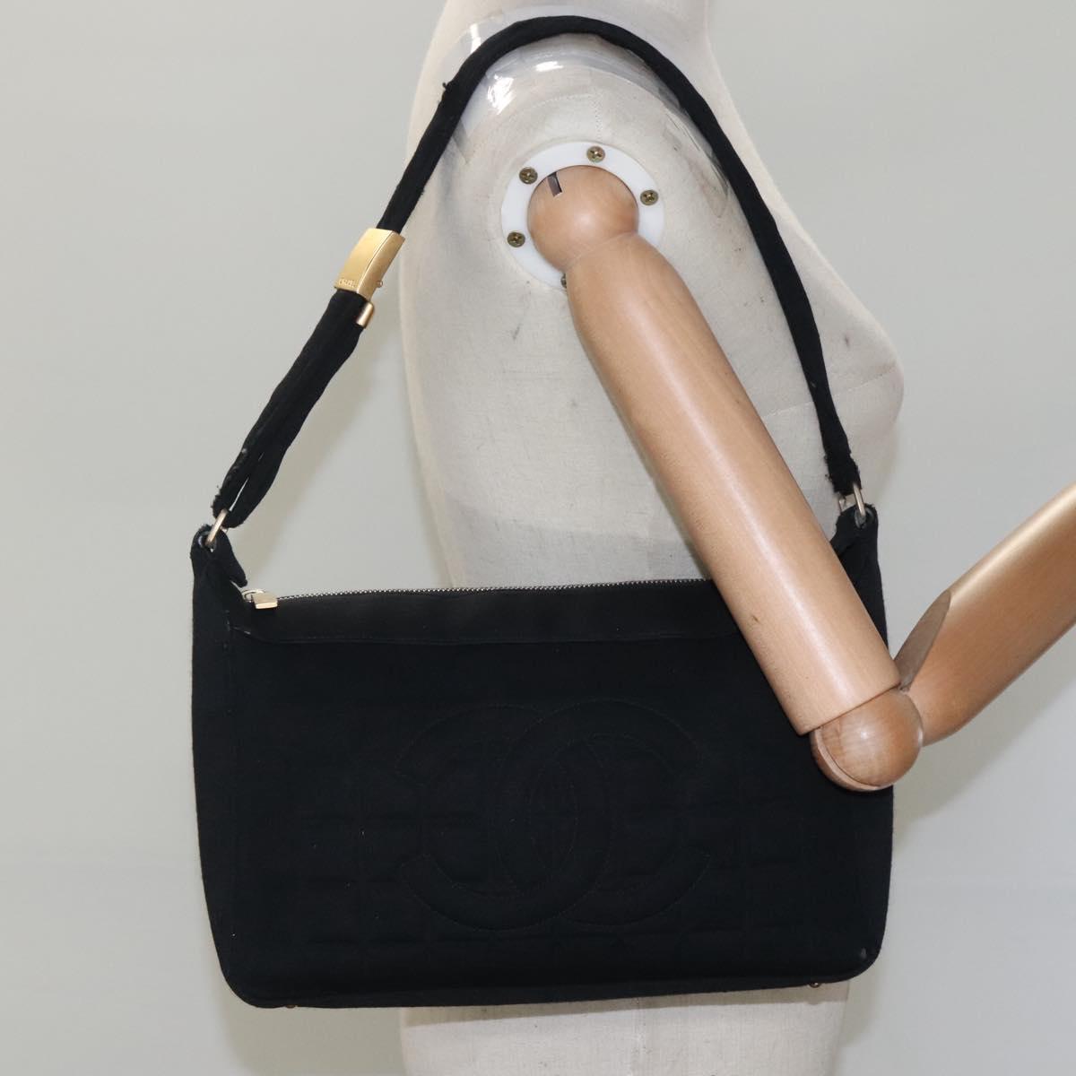 CHANEL Choco Bar line Shoulder Bag Canvas Black CC Auth BA034