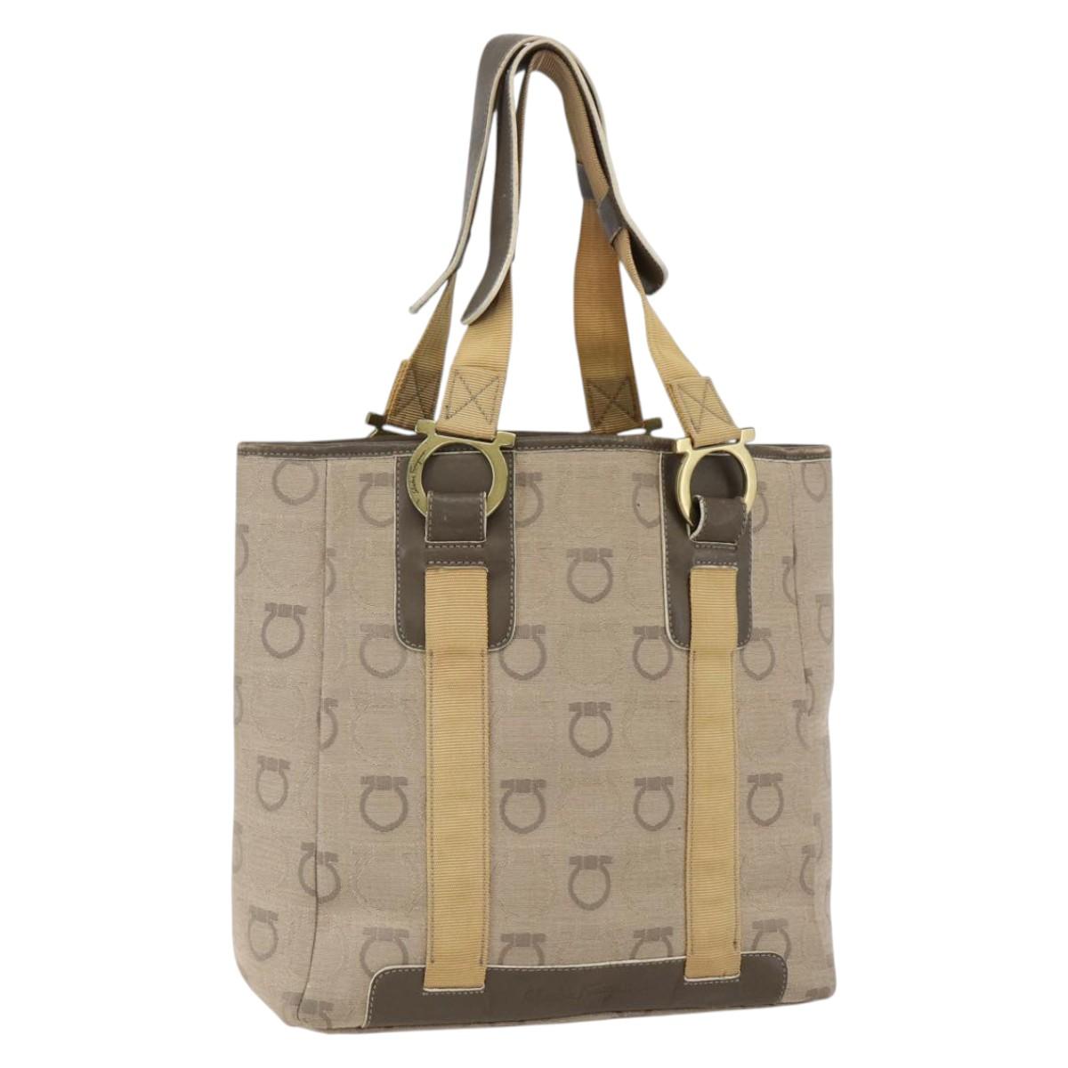 Salvatore Ferragamo Gancini Hand Bag Canvas Beige Gold Auth BA10007