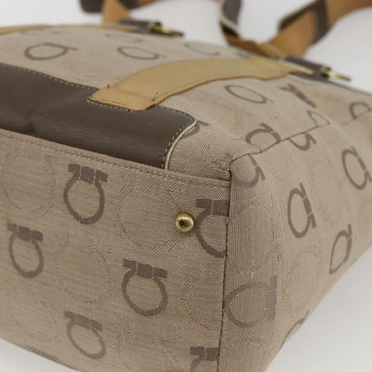 Salvatore Ferragamo Gancini Hand Bag Canvas Beige Gold Auth BA10007