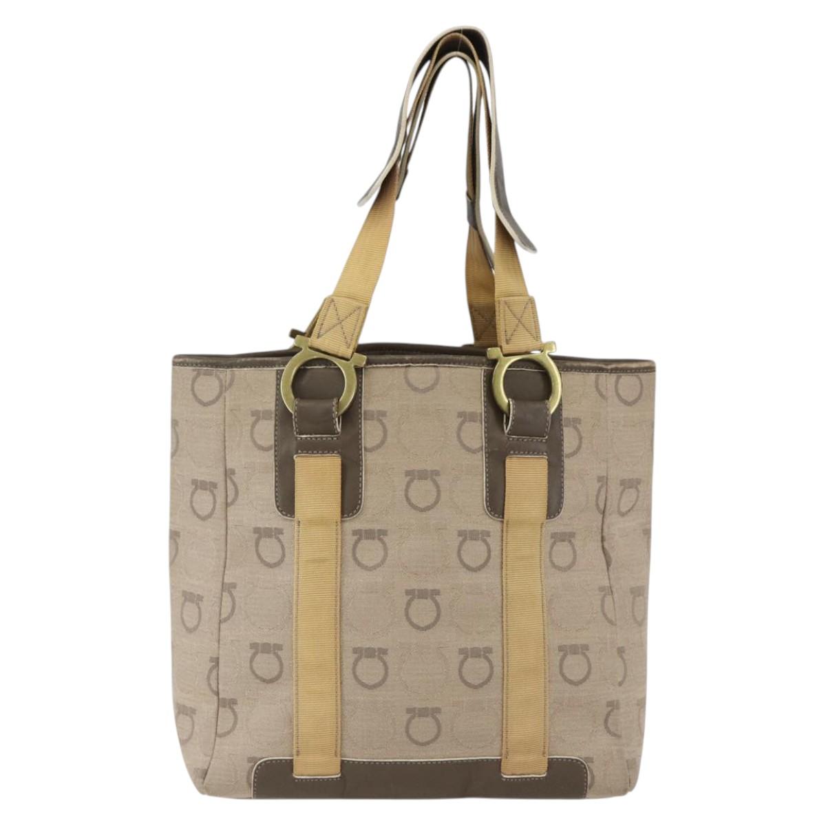 Salvatore Ferragamo Gancini Hand Bag Canvas Beige Gold Auth BA10007