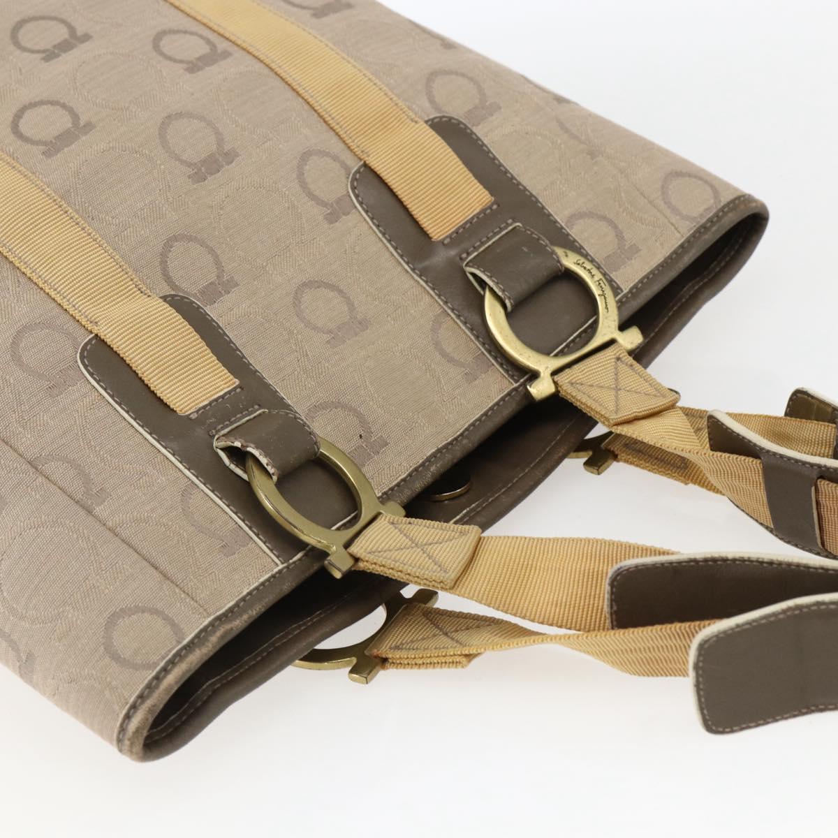 Salvatore Ferragamo Gancini Hand Bag Canvas Beige Gold Auth BA10007