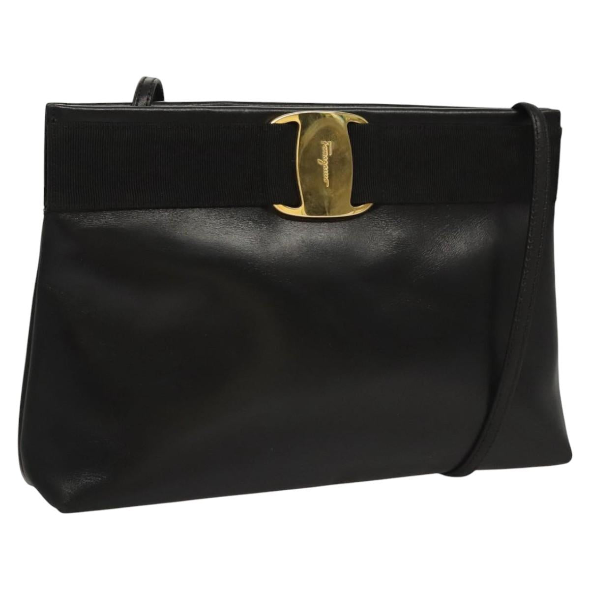 Salvatore Ferragamo Shoulder Bag Leather Black Gold Auth BA1003