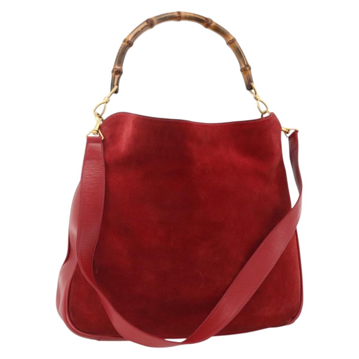 GUCCI Bamboo Shoulder Bag Suede 2way Red Gold 001 1577 2615 Auth BA10066