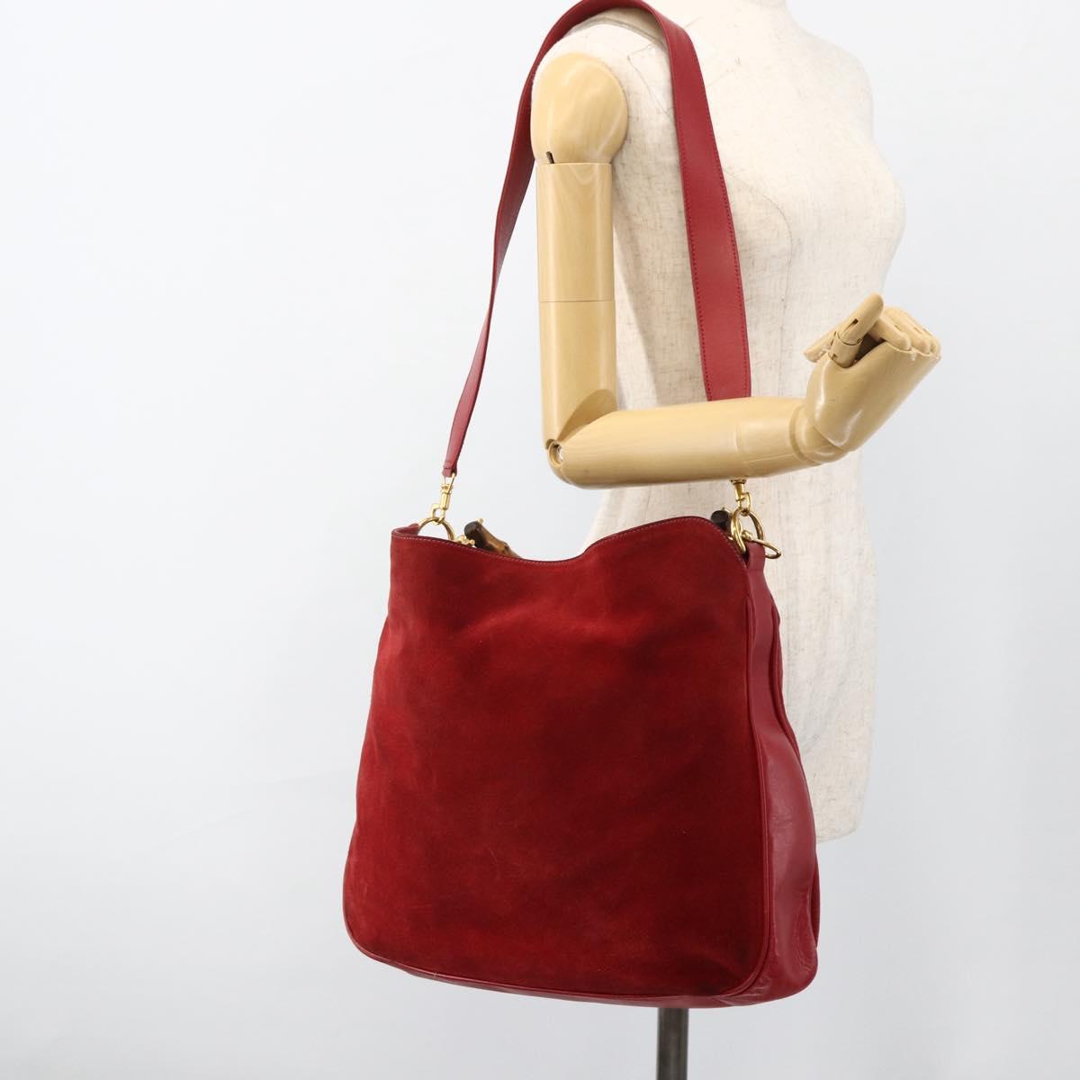GUCCI Bamboo Shoulder Bag Suede 2way Red Gold 001 1577 2615 Auth BA10066