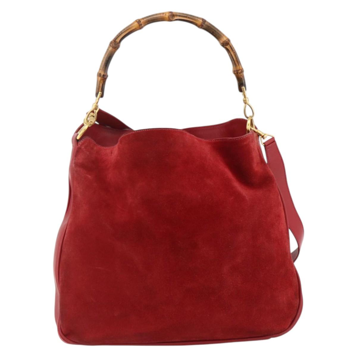 GUCCI Bamboo Shoulder Bag Suede 2way Red Gold 001 1577 2615 Auth BA10066