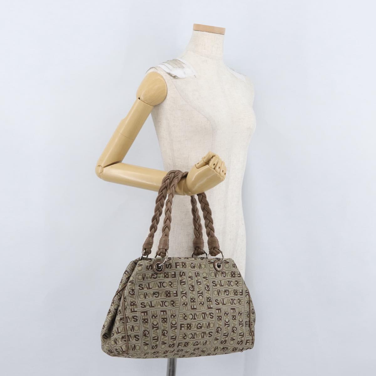Salvatore Ferragamo Tote Bag Canvas Beige Gold Auth BA10067