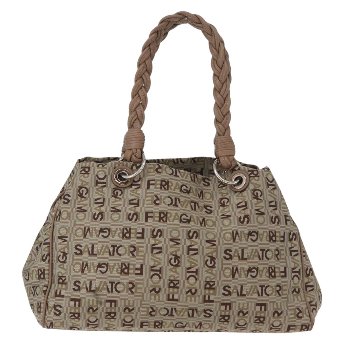 Salvatore Ferragamo Tote Bag Canvas Beige Gold Auth BA10067