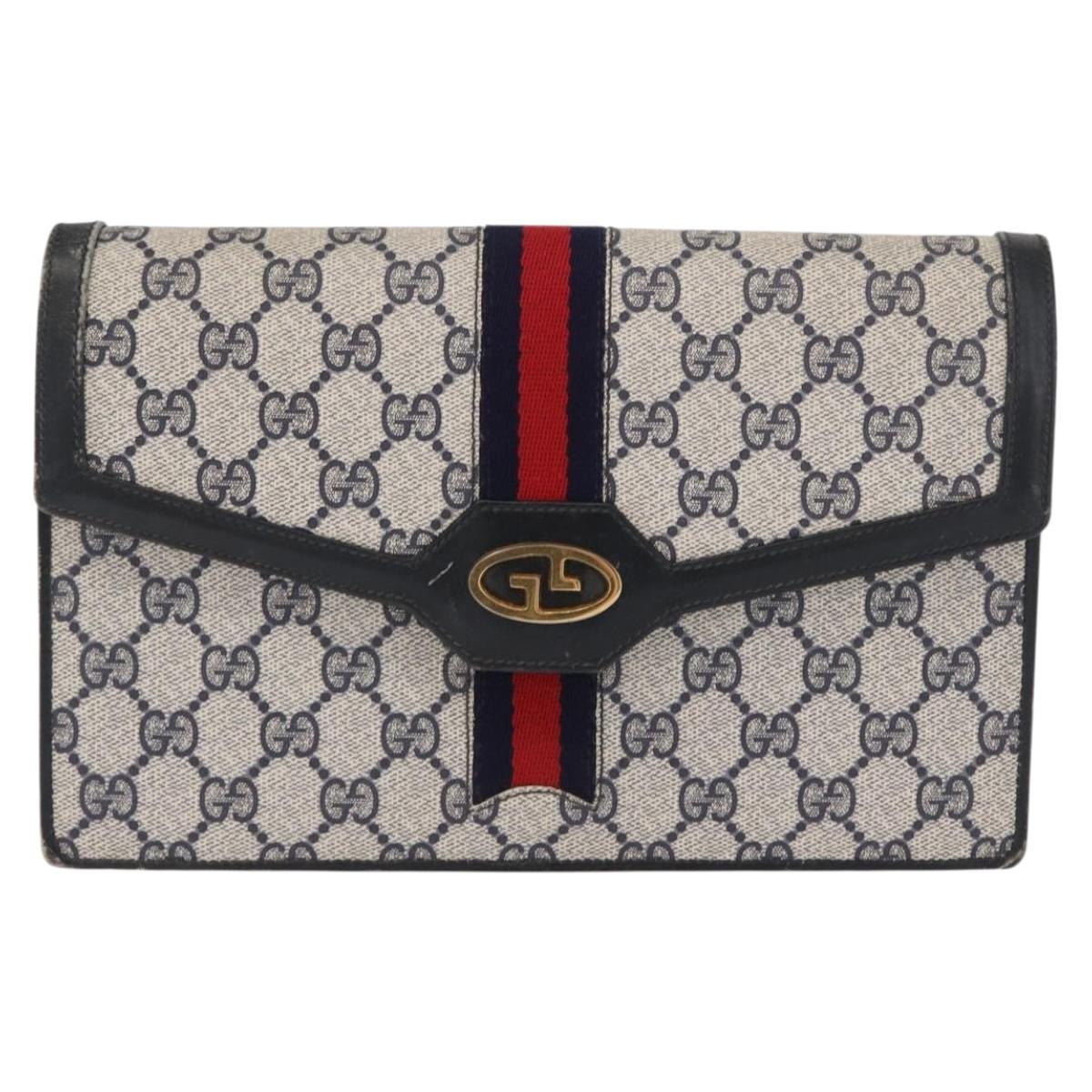 GUCCI GG Supreme Sherry Line Shoulder Bag PVC Navy Gold Auth BA10080