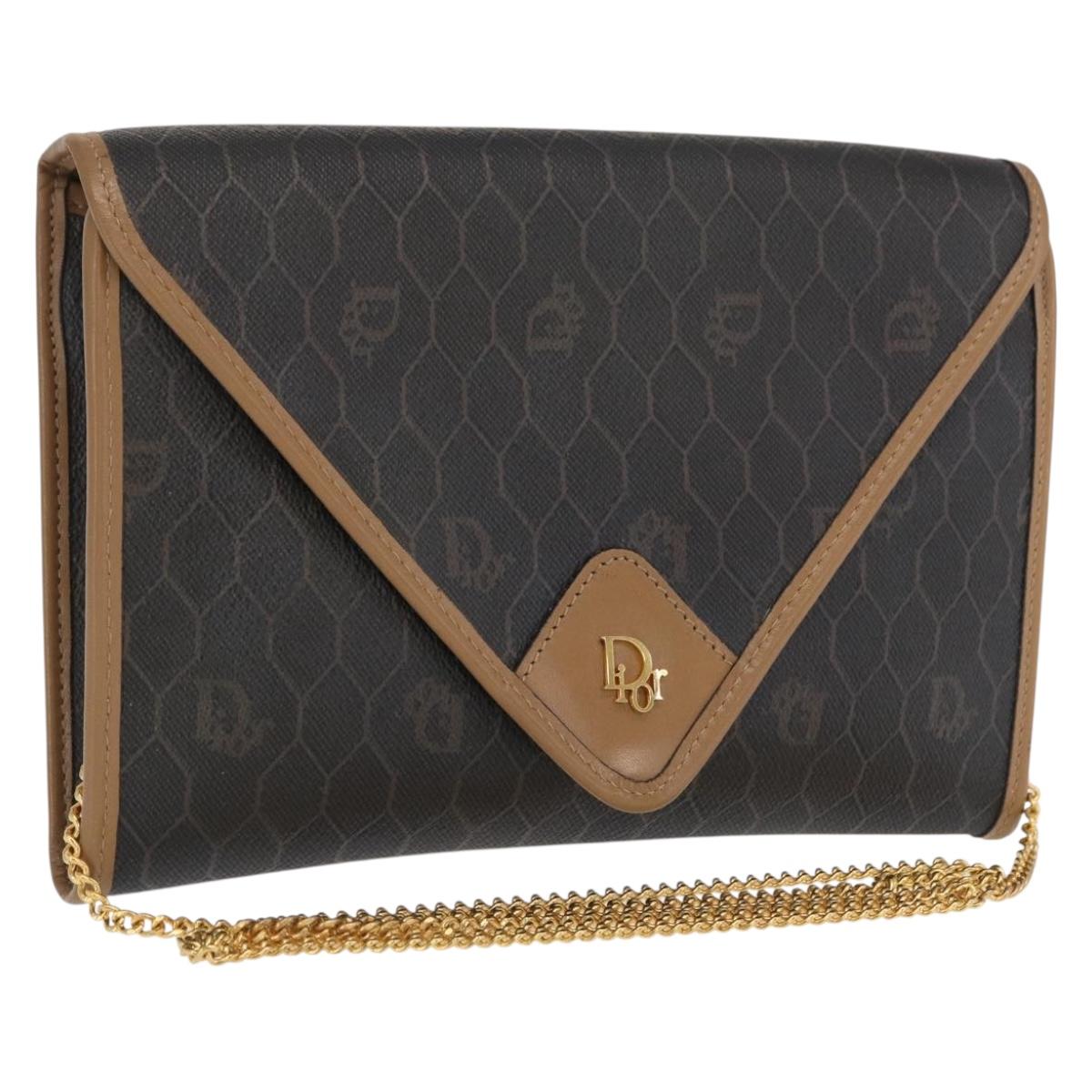Christian Dior Honeycomb Canvas Chain Shoulder Bag PVC Black Gold Auth BA10086
