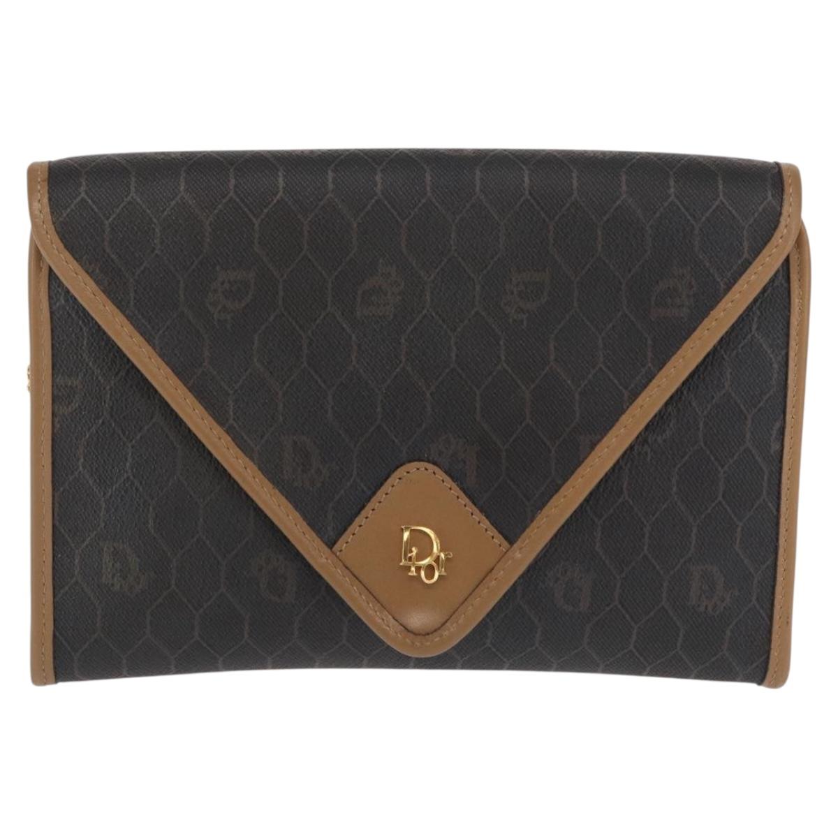 Christian Dior Honeycomb Canvas Chain Shoulder Bag PVC Black Gold Auth BA10086