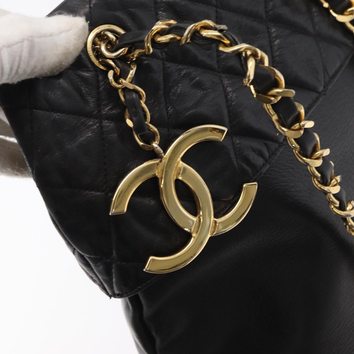 CHANEL Chain Tote Bag Leather Black Gold CC Auth BA10091